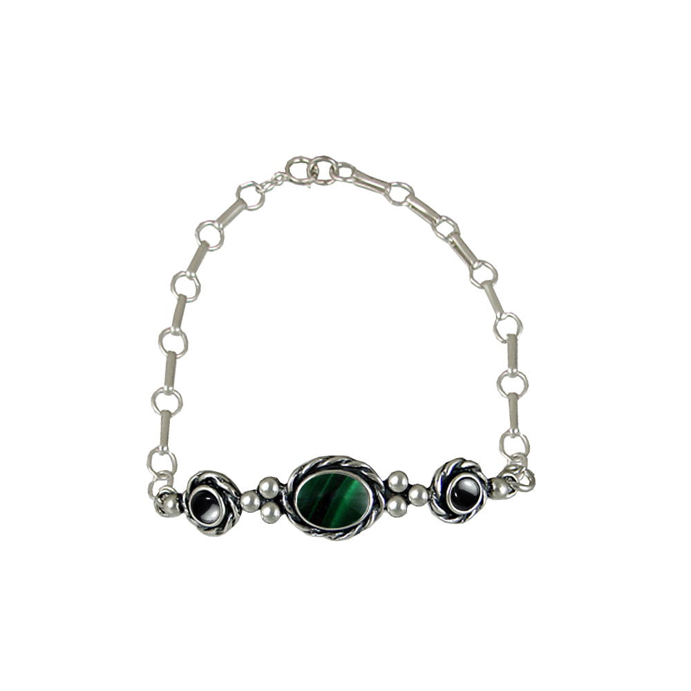 Sterling Silver Gemstone Adjustable Chain Bracelet With Malachite And Hematite